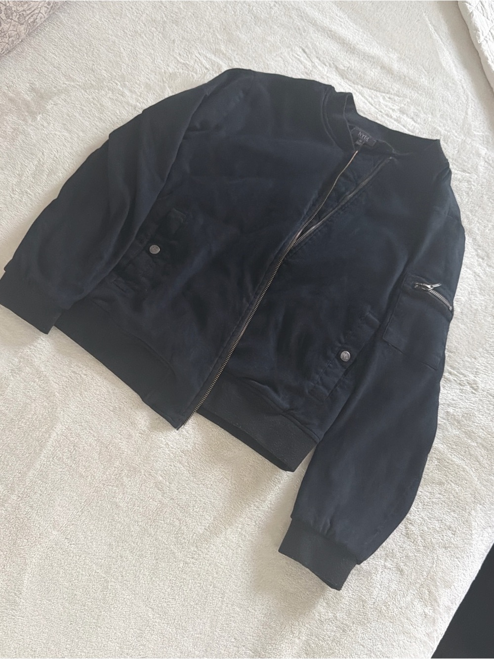 NYDJ Suede Black Bomber Jacket with Zip Sleeve Pocket